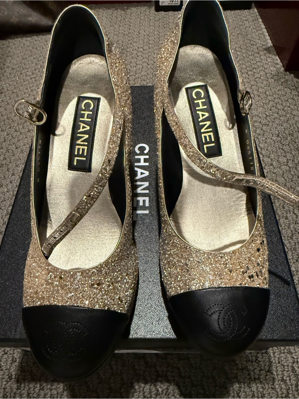 CHANEL Gold Silver Glitter Mary Jane Flats with Black Cap Toe
